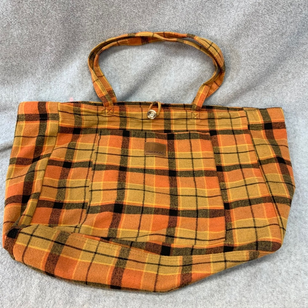 Maurices Orange Plaid Women Tote Bag Flannel Button Closure Large OS